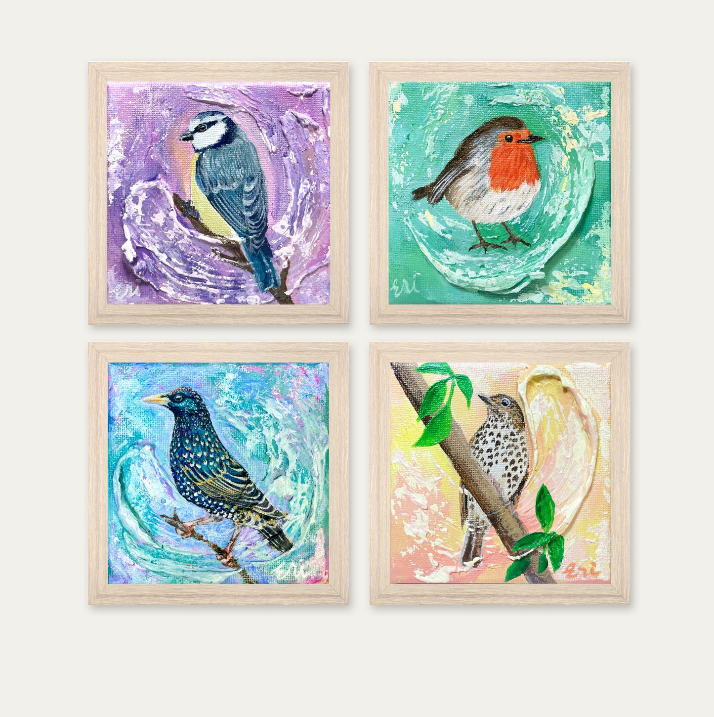 Garden Bird Art Prints – Set of 4 | Blue Tit, Robin, Starling & Song Thrush