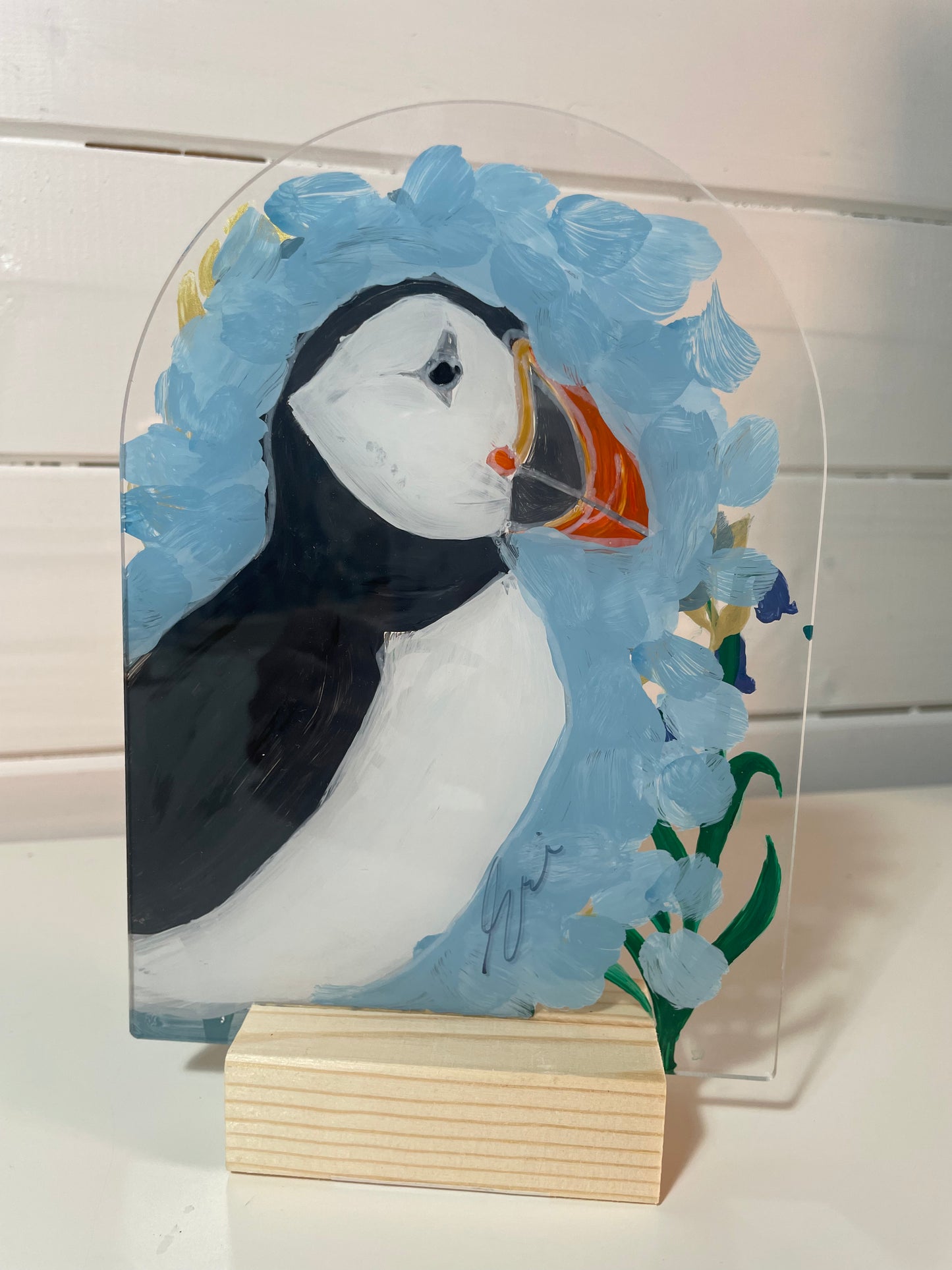 Harbour Sentinel – Puffin Acrylic Painting on Acrylic Arch
