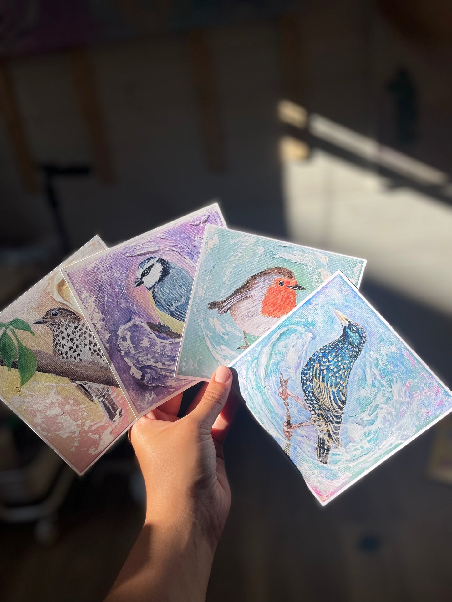 Garden Bird Art Prints – Set of 4 | Blue Tit, Robin, Starling & Song Thrush