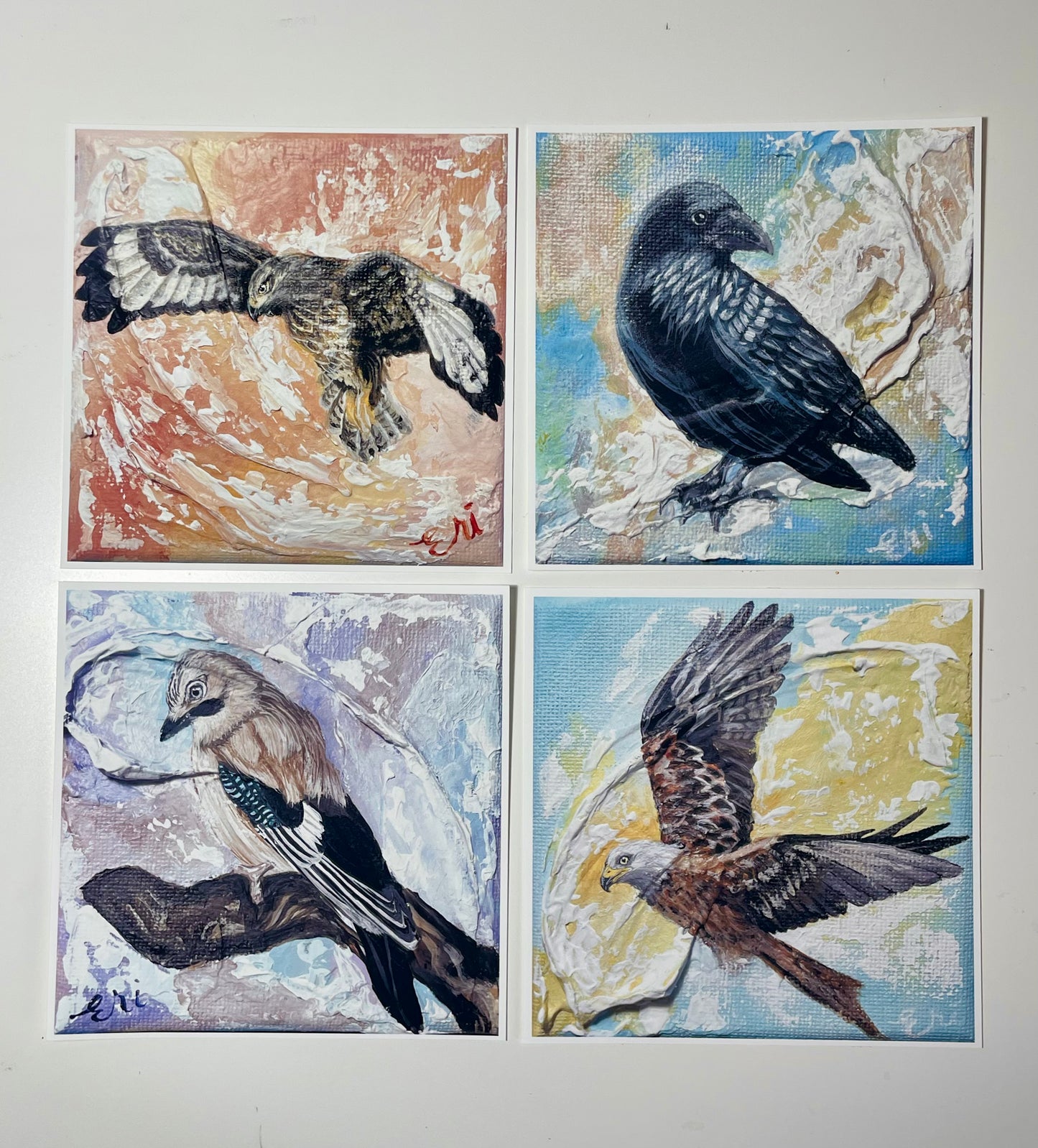 British Predator Birds Art Prints – Set of 4 | Crow, Red Kite, Jay & Buzzard