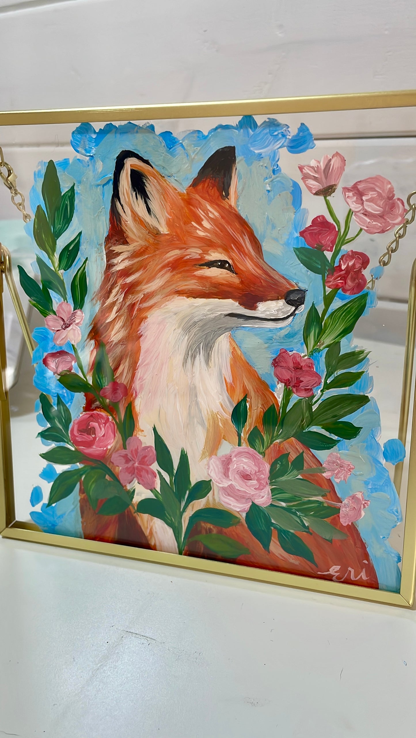 Wild Bloom – Hand-Painted Fox on Glass Wall Art