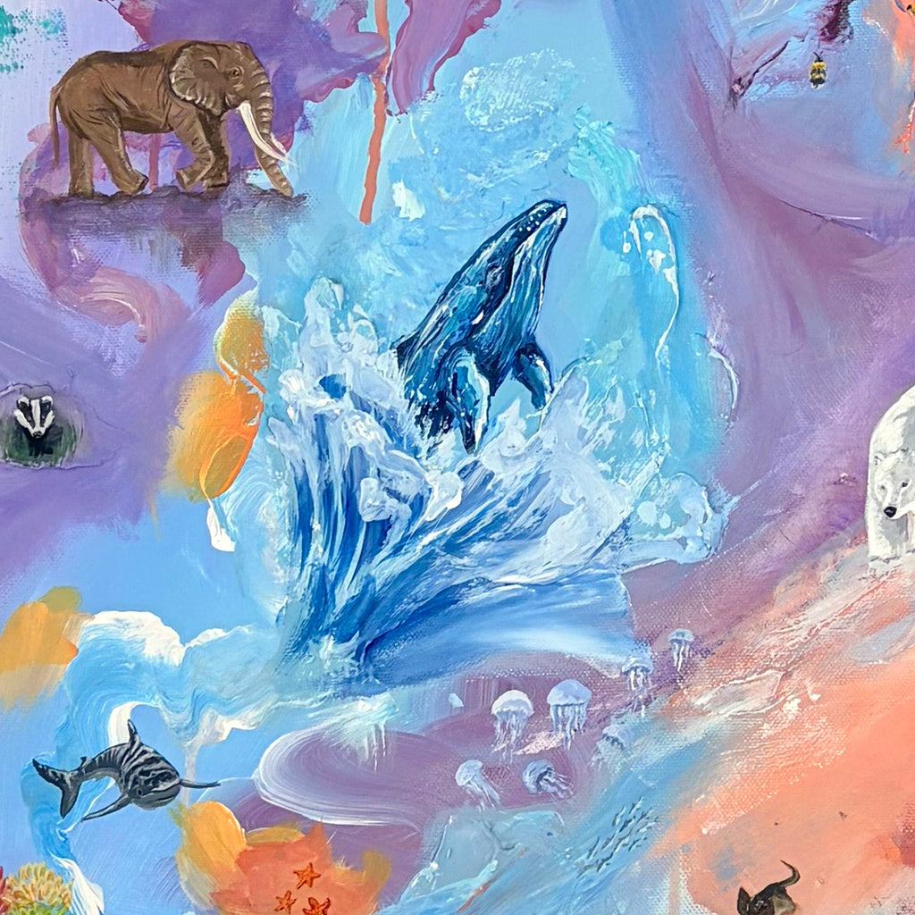 Colorful illustration of various animals in a fantasy landscape with a purple sky.