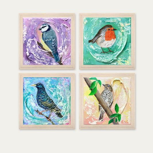 Garden Bird Art Prints – Set of 4 | Blue Tit, Robin, Starling & Song Thrush