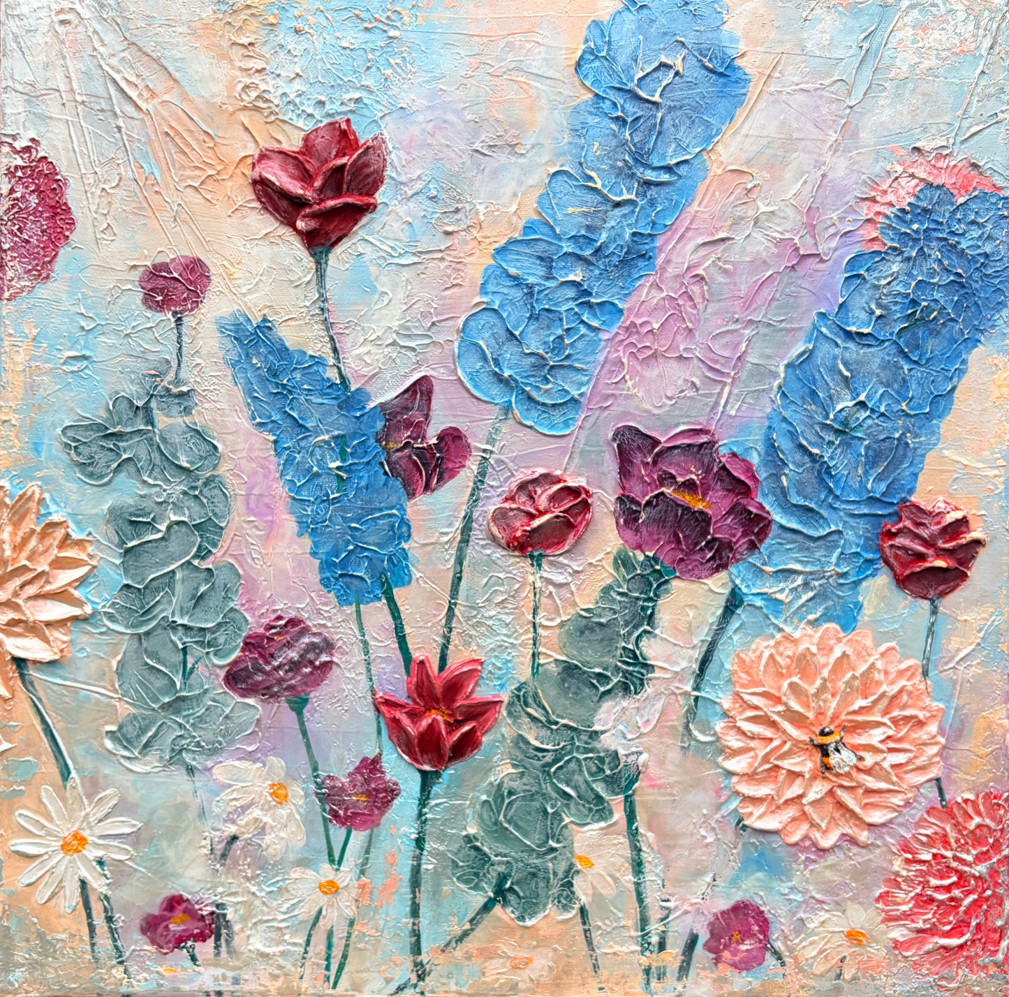 ‘Dance of Petals’ – Original Mixed Media Textured Art on Canvas (500mm x 500mm)