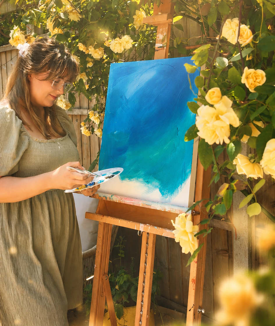 Eri Bloom painting a whimsical wildlife painting