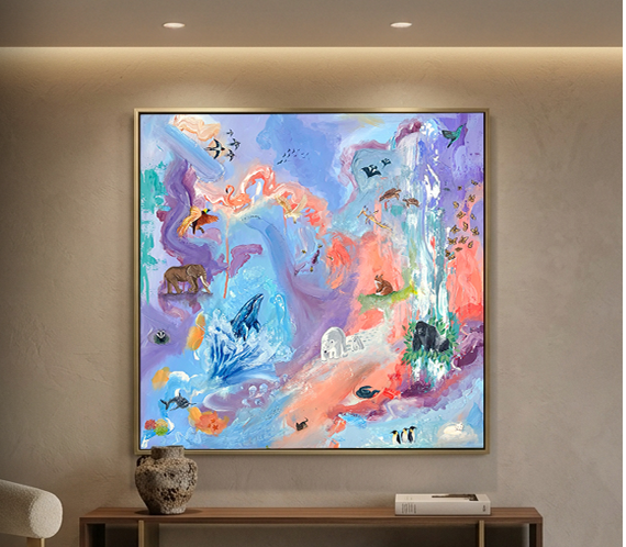 Modern living room with a large abstract painting on the wall.
