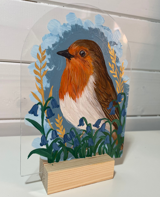 Song in Stillness – Robin Acrylic Painting on Acrylic Arch