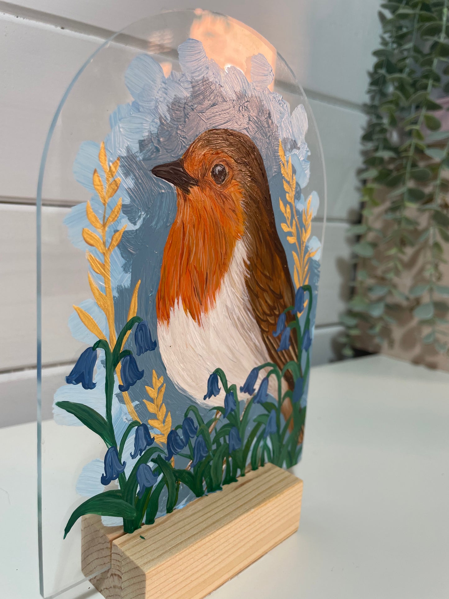 Song in Stillness – Robin Acrylic Painting on Acrylic Arch