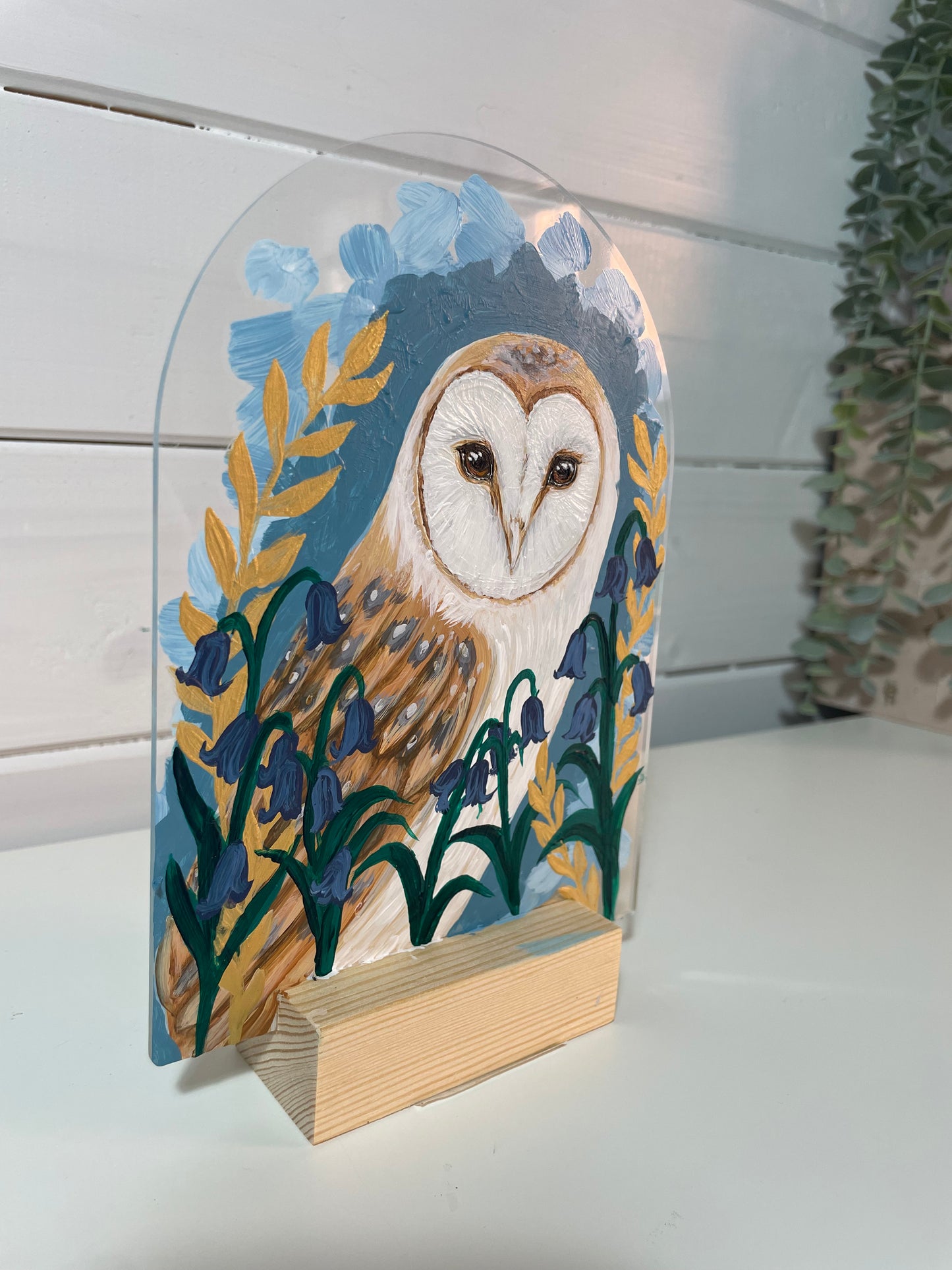Moonlit Guardian – Barn Owl Painting on Acrylic Arch