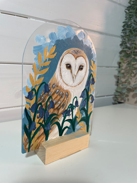 Moonlit Guardian – Barn Owl Painting on Acrylic Arch