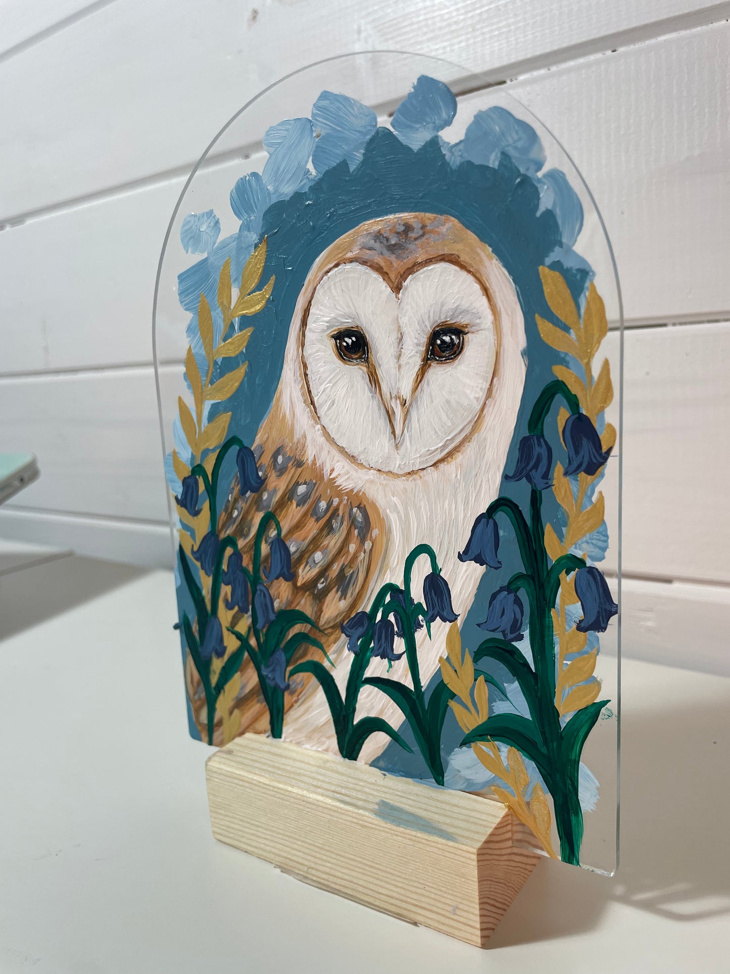 Moonlit Guardian – Barn Owl Painting on Acrylic Arch