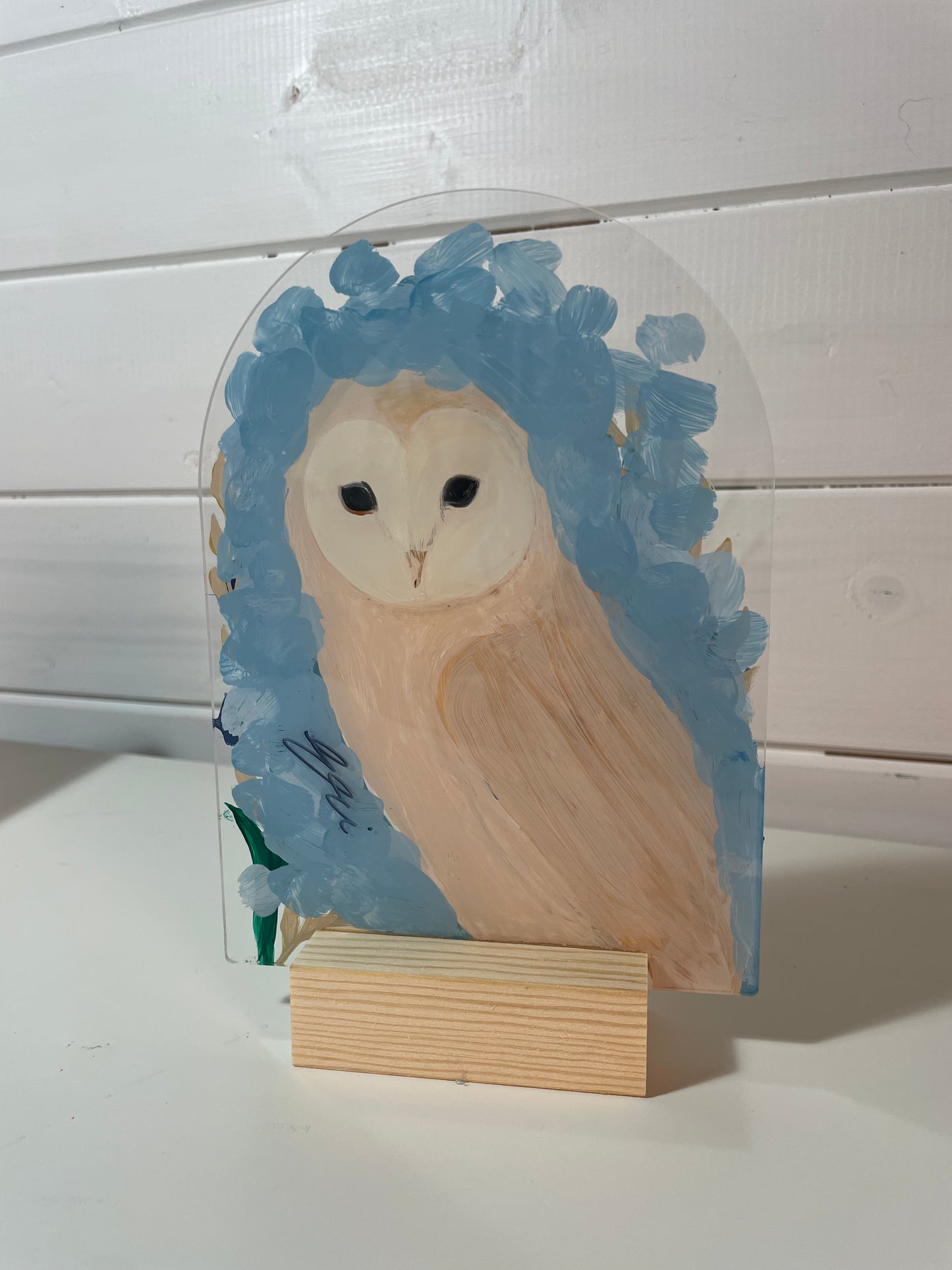 Moonlit Guardian – Barn Owl Painting on Acrylic Arch