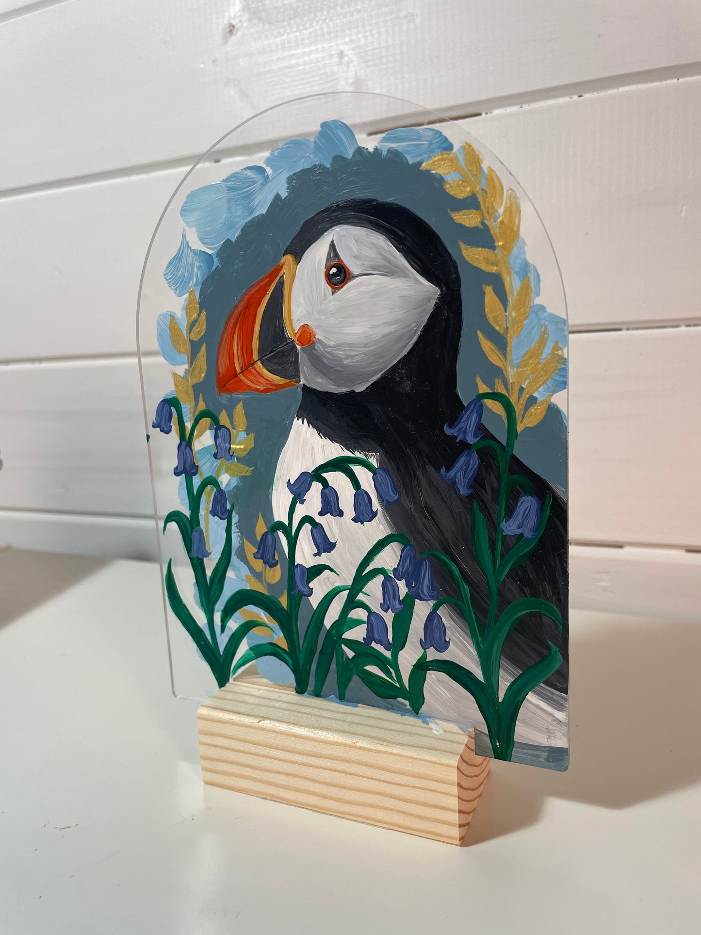 Harbour Sentinel – Puffin Acrylic Painting on Acrylic Arch