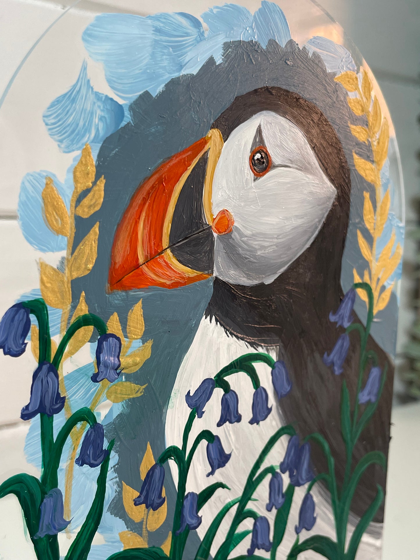 Harbour Sentinel – Puffin Acrylic Painting on Acrylic Arch
