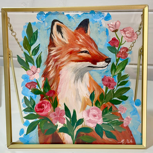 Wild Bloom – Hand-Painted Fox on Glass Wall Art