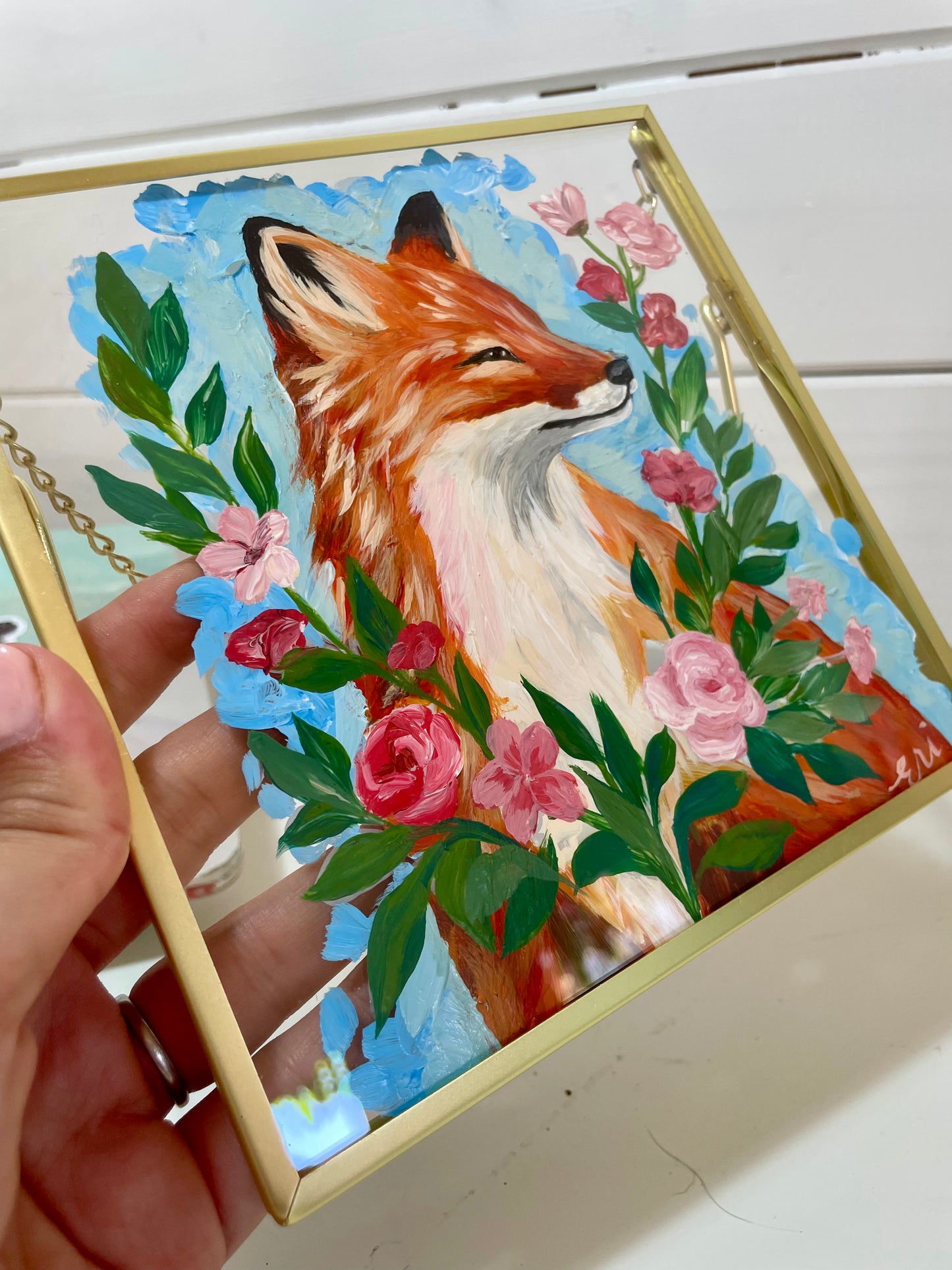 Wild Bloom – Hand-Painted Fox on Glass Wall Art