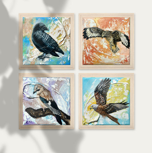 British Predator Birds Art Prints – Set of 4 | Crow, Red Kite, Jay & Buzzard