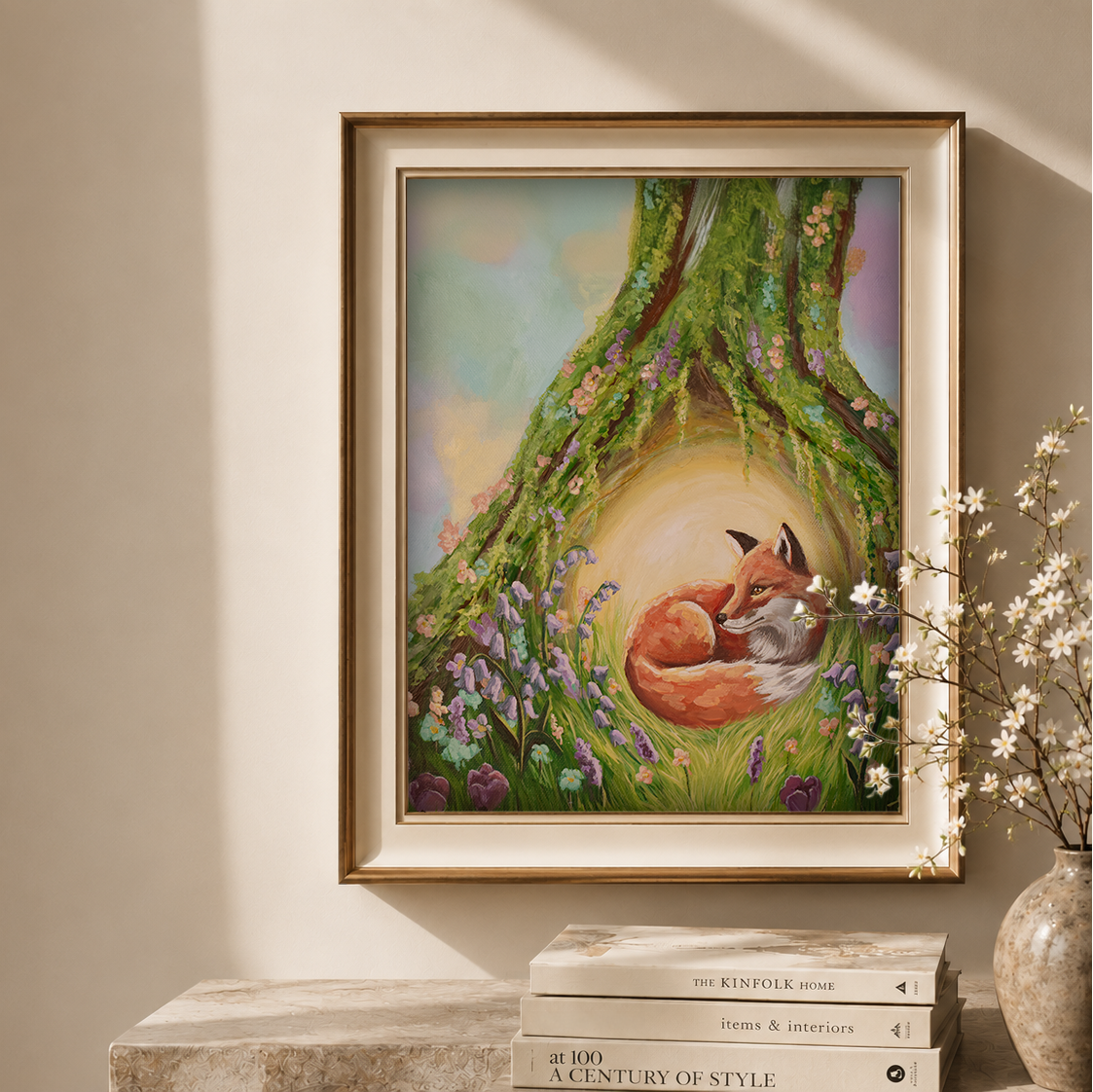 framed art of a fox curled up safe in a treetrunk, surrounded by flowers and botanicals. Art by eri bloom art