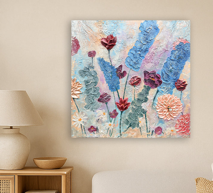 ‘Dance of Petals’ – Original Mixed Media Textured Art on Canvas (500mm x 500mm)