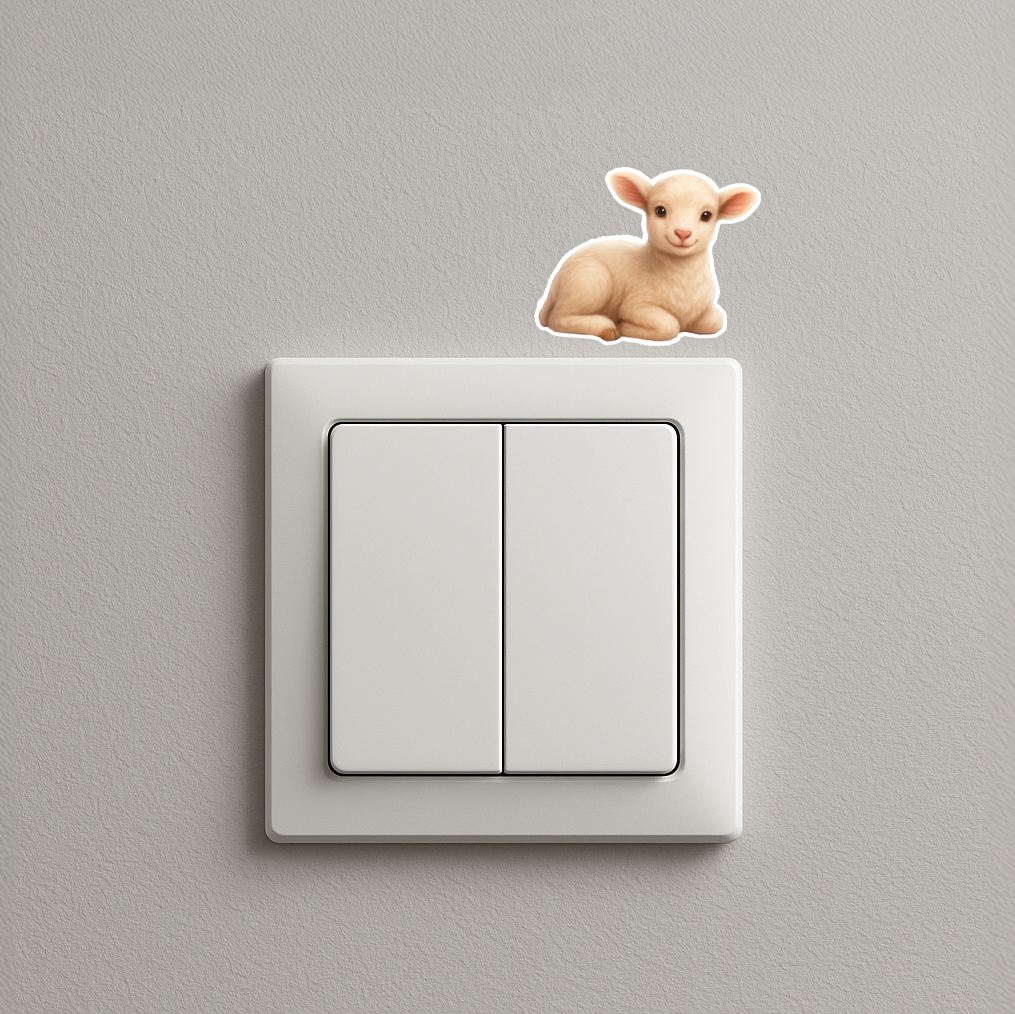 Light switch with a lamb sticker on a gray wall