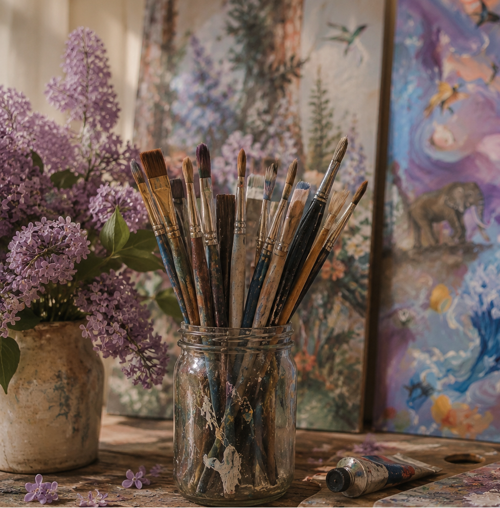Artistic setup with paintbrushes in a jar, a painting of a whimsical scene, and purple flowers.